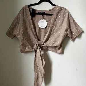 White Fox Star Polka Dot Tie-Front Top - Tan